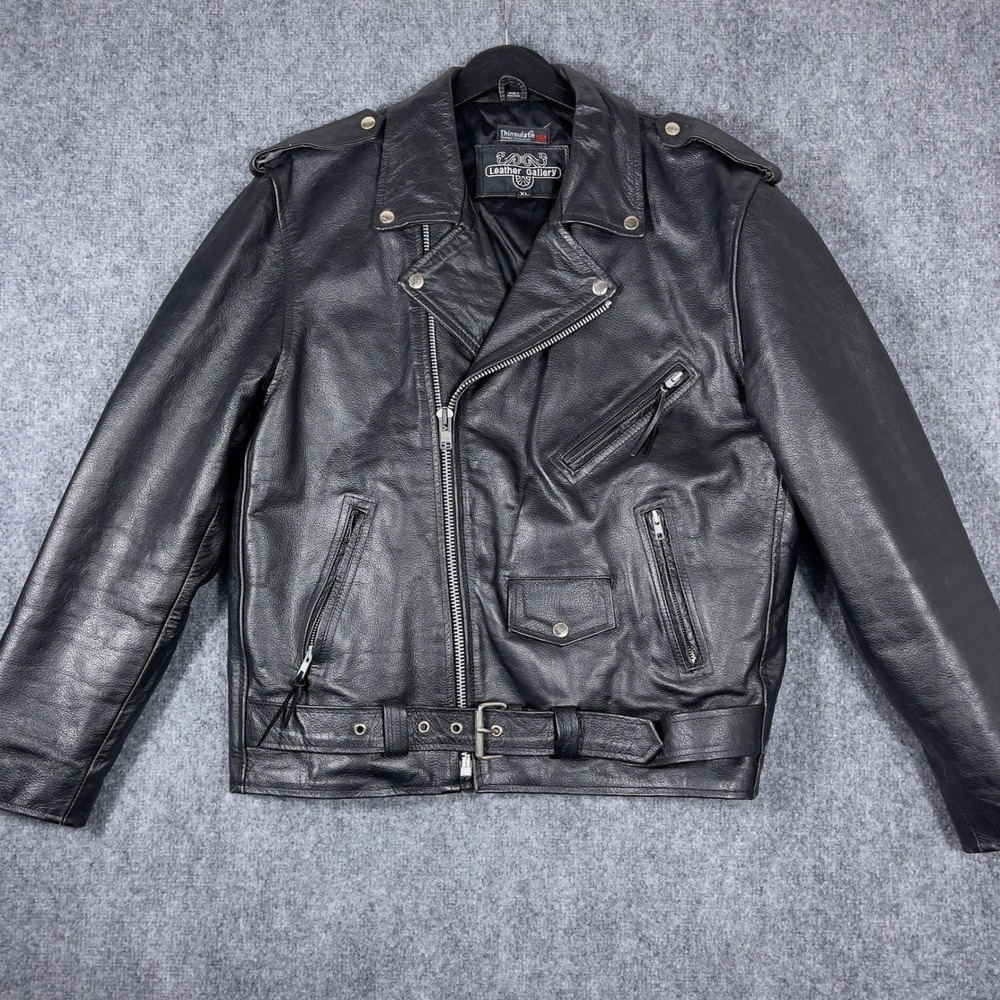Leather Gallery Biker Jacket Mens XL Black Belted Thinsulate Lined Moto Jacket